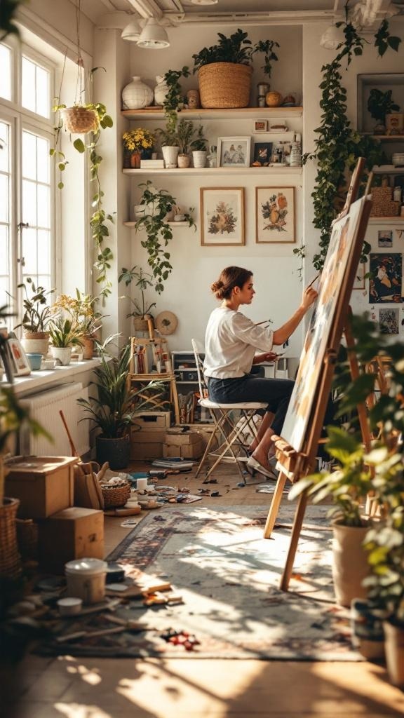 A person painting in a bright, plant-filled room with art supplies around.