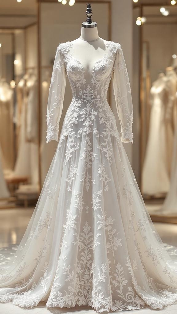 Exquisite embroidered wedding gown with long sleeves and floral details