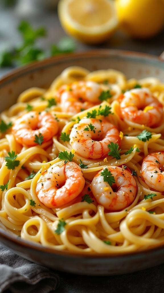 A bowl of shrimp scampi pasta garnished with parsley and lemon slices.