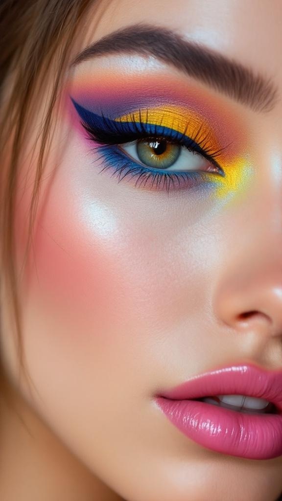 Close-up of a woman's eye with colorful eyeliner in shades of pink, blue, and yellow, featuring long lashes and a soft lip color.