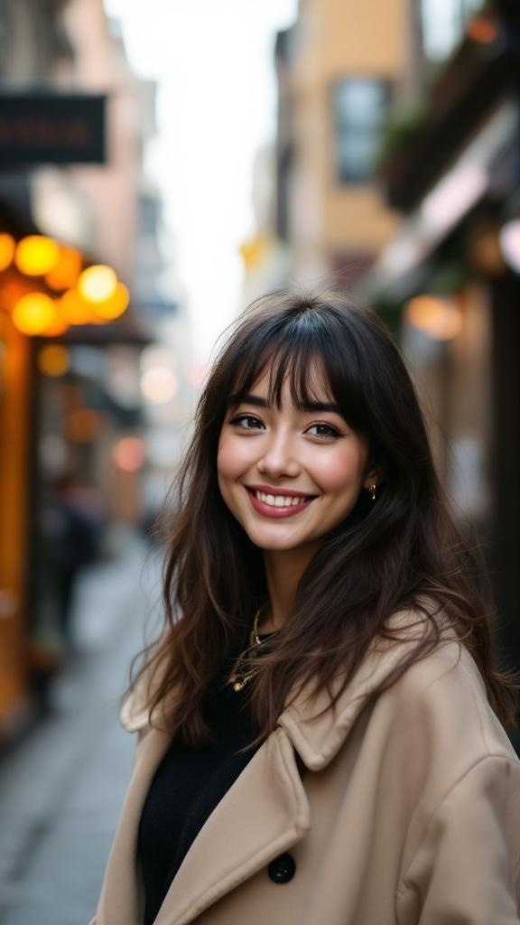 A woman with face-framing layers, smiling in a street setting.