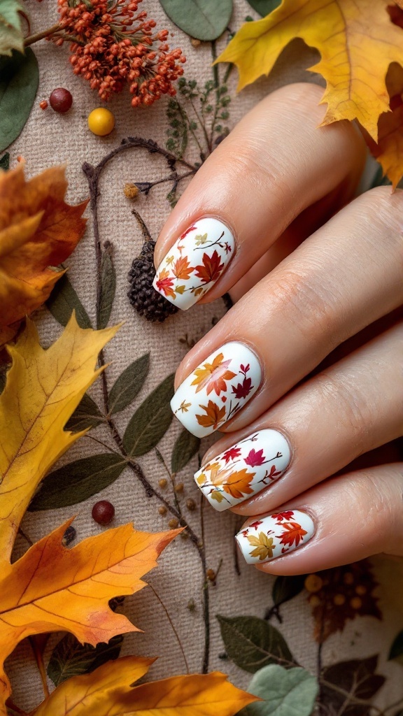 Nail art featuring fall botanical prints on a hand with autumn leaves in the background.