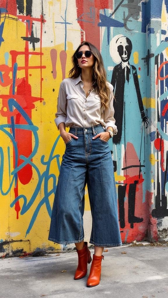 A woman wearing denim culottes and a white shirt, standing against a graffiti wall.