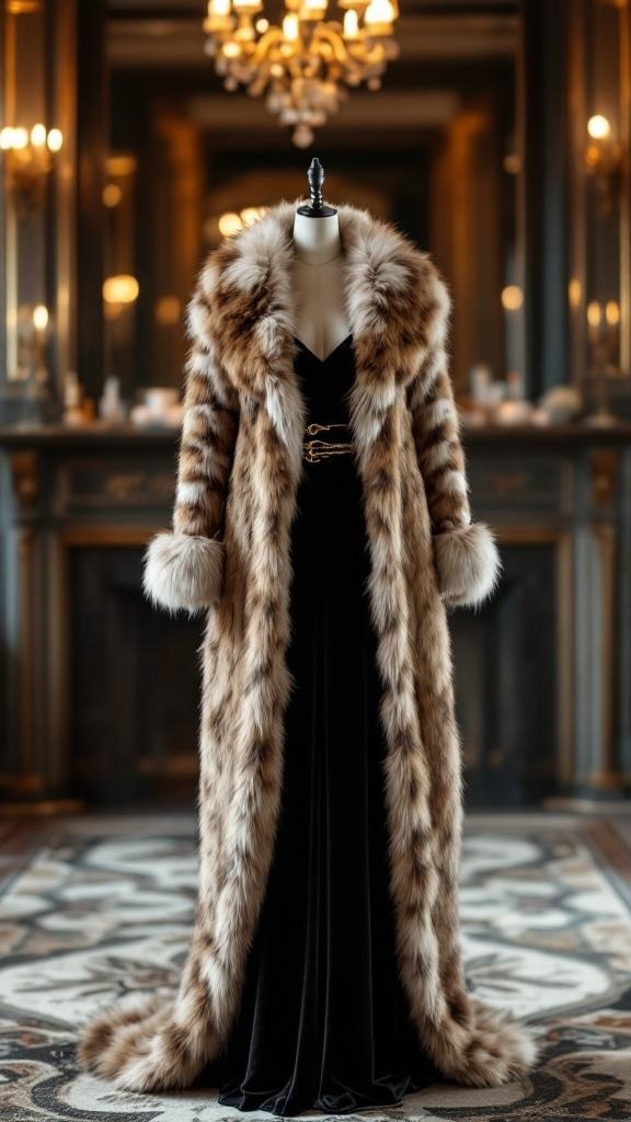 Faux fur coat displayed over a black dress in a luxurious setting