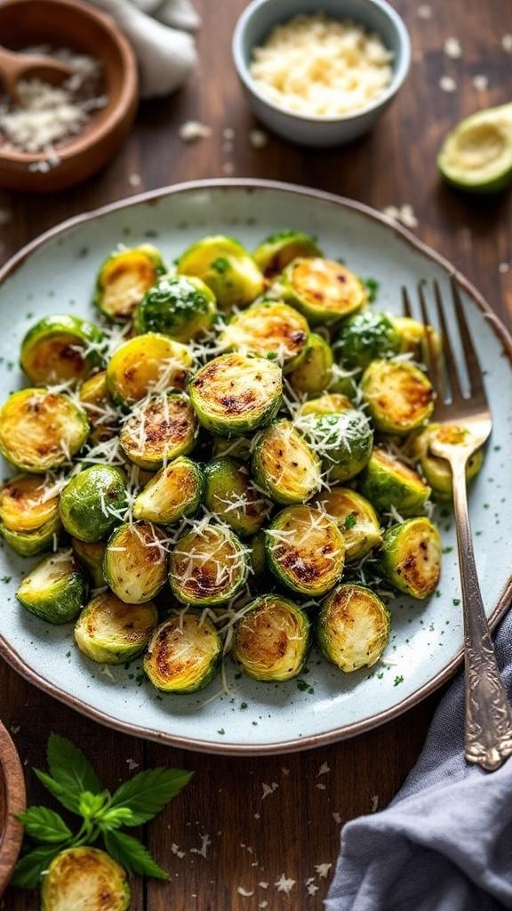 A plate of Garlic Parmesan Roasted Brussels Sprouts garnished with parsley.