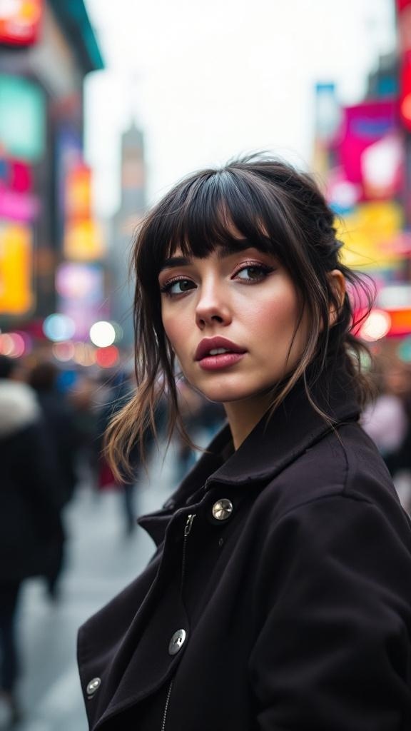 A woman with feathered bangs, styled in a modern way, standing in a busy urban setting.