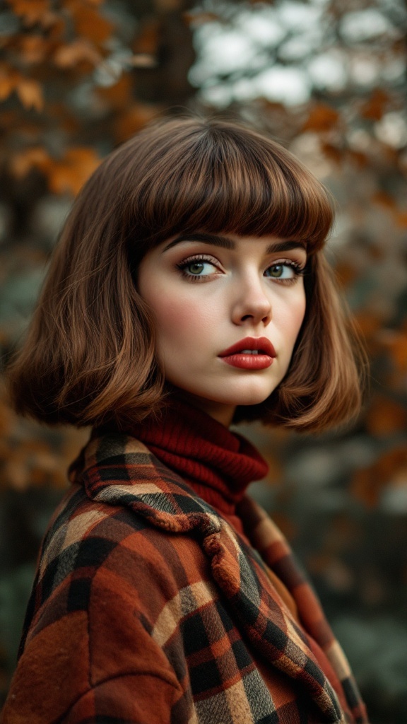 A model with feathered bangs wearing a plaid coat against a backdrop of autumn leaves.