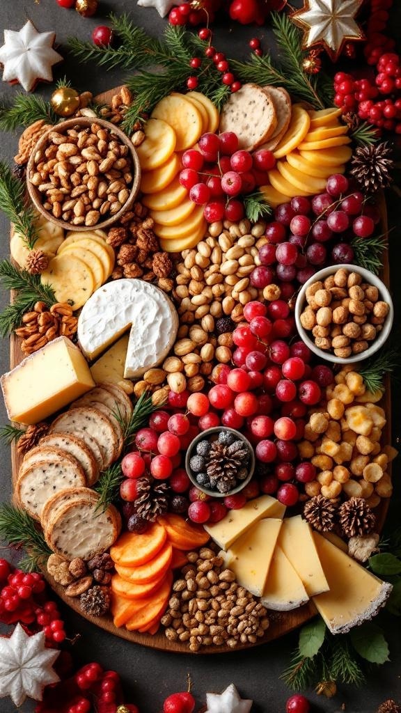 A festive holiday charcuterie board with cheeses, nuts, fruits, and seasonal decorations.