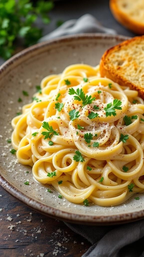 A delicious plate of creamy pasta garnished with parsley and served with crusty bread.