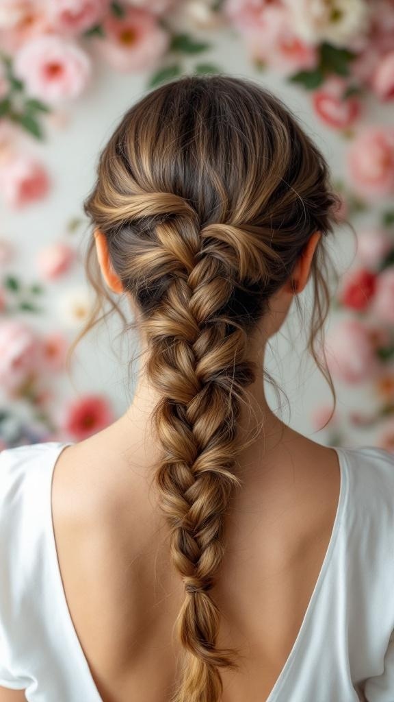 A fishtail braid hairstyle displayed on a woman with long hair, set against a floral background.