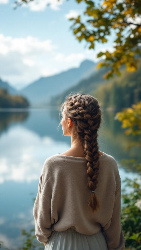A woman with a fishtail braid standing by a lake, surrounded by trees and mountains.