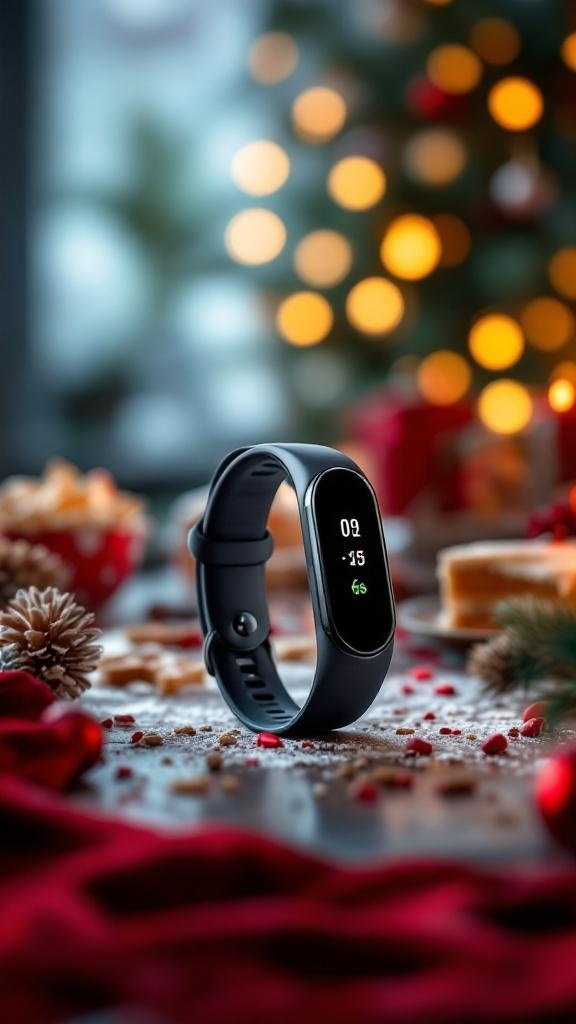A fitness tracker band displayed with Christmas decorations, symbolizing a thoughtful holiday gift.