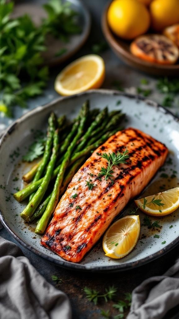 Grilled salmon fillet with asparagus on a plate, garnished with lemon slices and herbs.