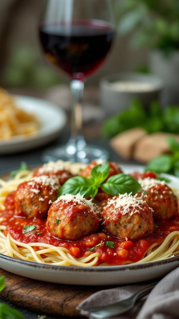 Delicious meatballs served on spaghetti with marinara sauce and garnished with basil.