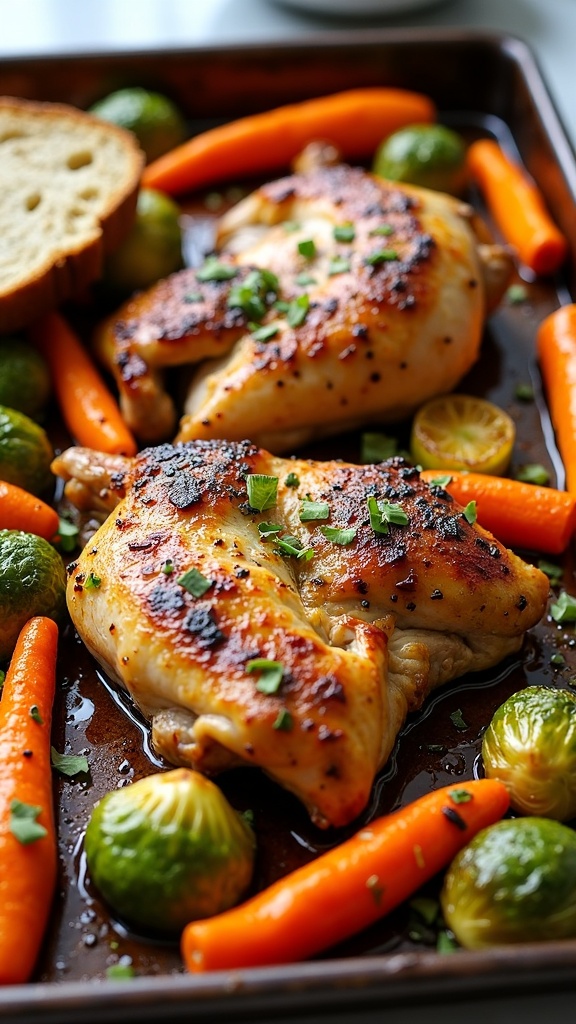 A delicious sheet pan dinner with chicken thighs and colorful vegetables