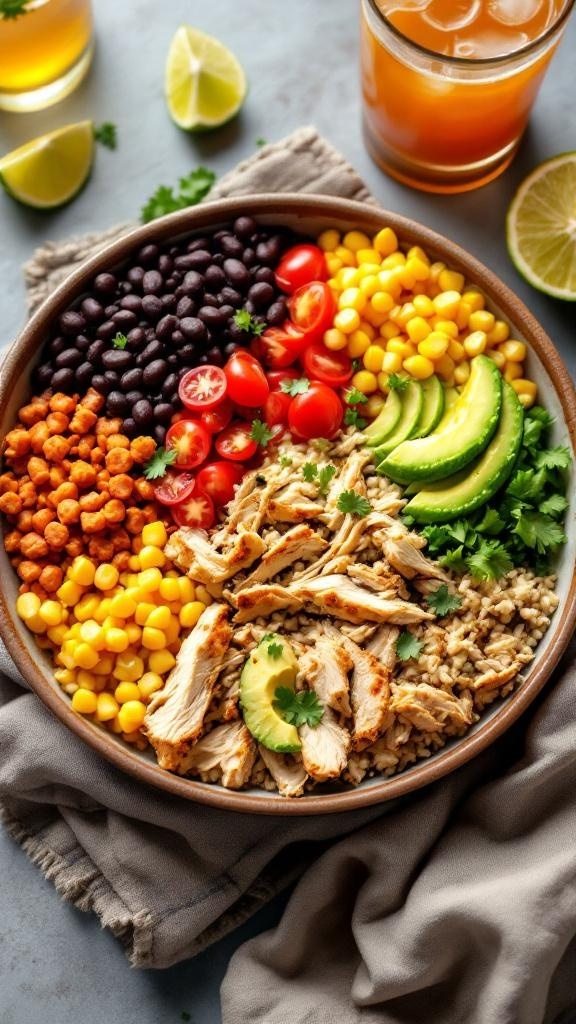 A colorful bowl of shredded chicken burrito ingredients including rice, black beans, corn, tomatoes, avocado, and cilantro.