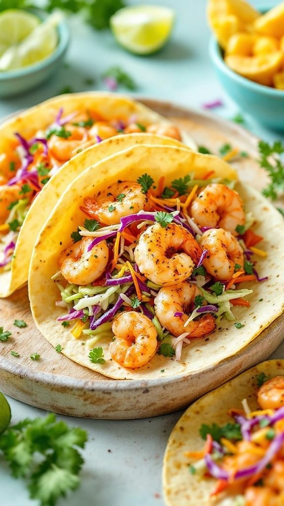 Shrimp tacos with cabbage slaw on a wooden plate