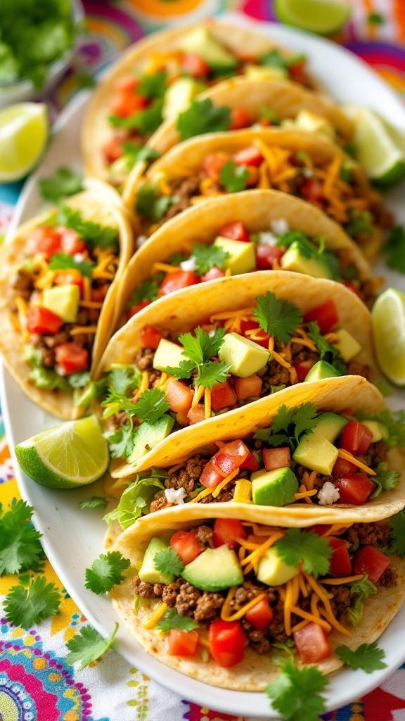 A plate of flavorful tacos filled with ground beef, lettuce, tomatoes, avocado, and cheese, garnished with cilantro and lime.