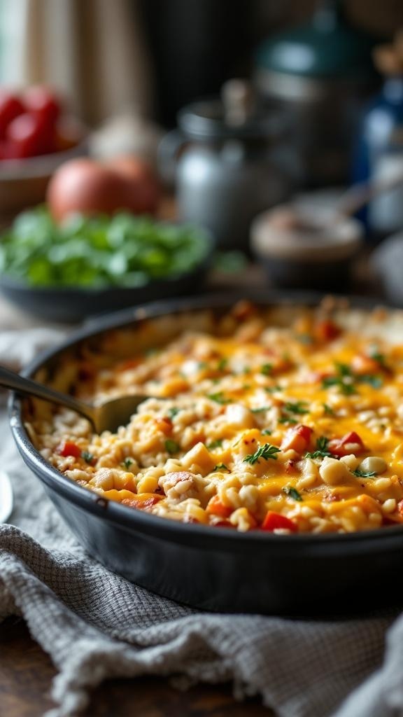 A delicious turkey and rice casserole topped with cheese and garnished with herbs.