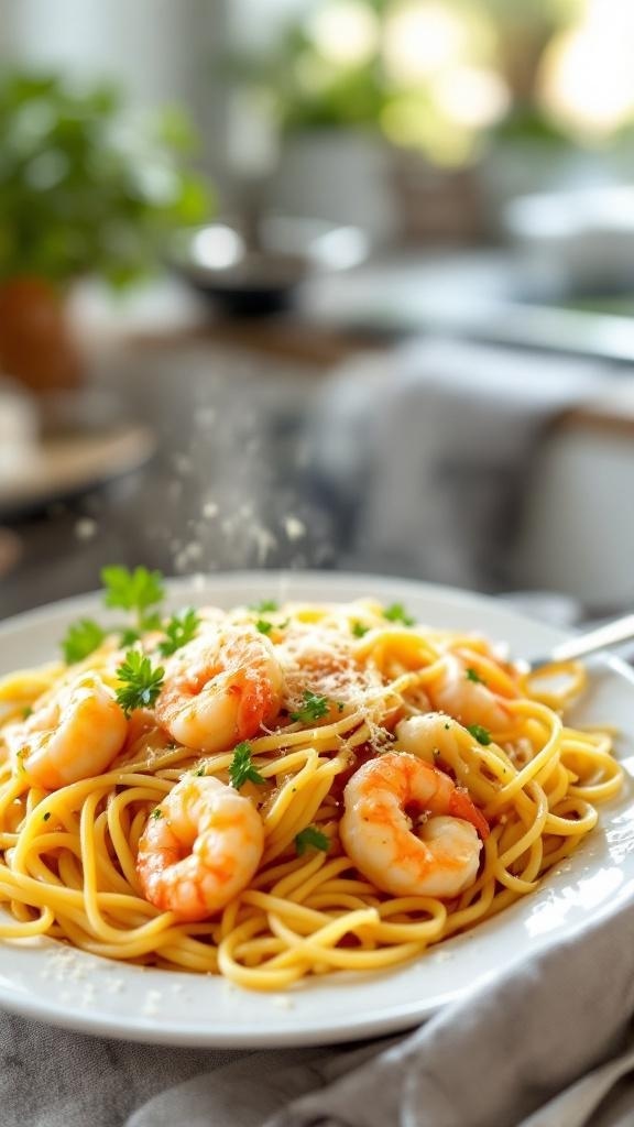 A plate of garlic shrimp pasta garnished with parsley and Parmesan cheese.