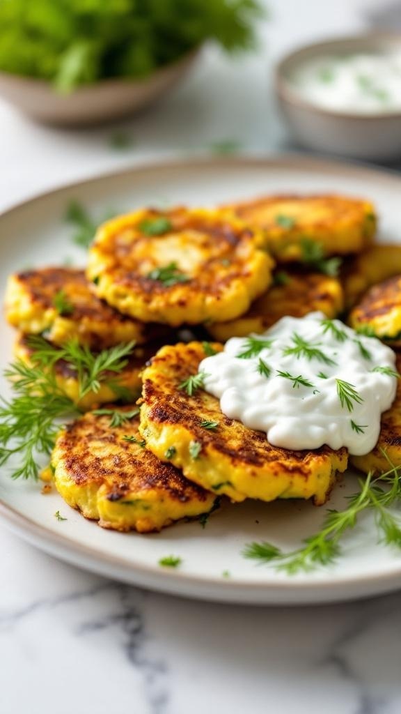 A plate of air-fried zucchini fritters topped with yogurt and garnished with herbs.