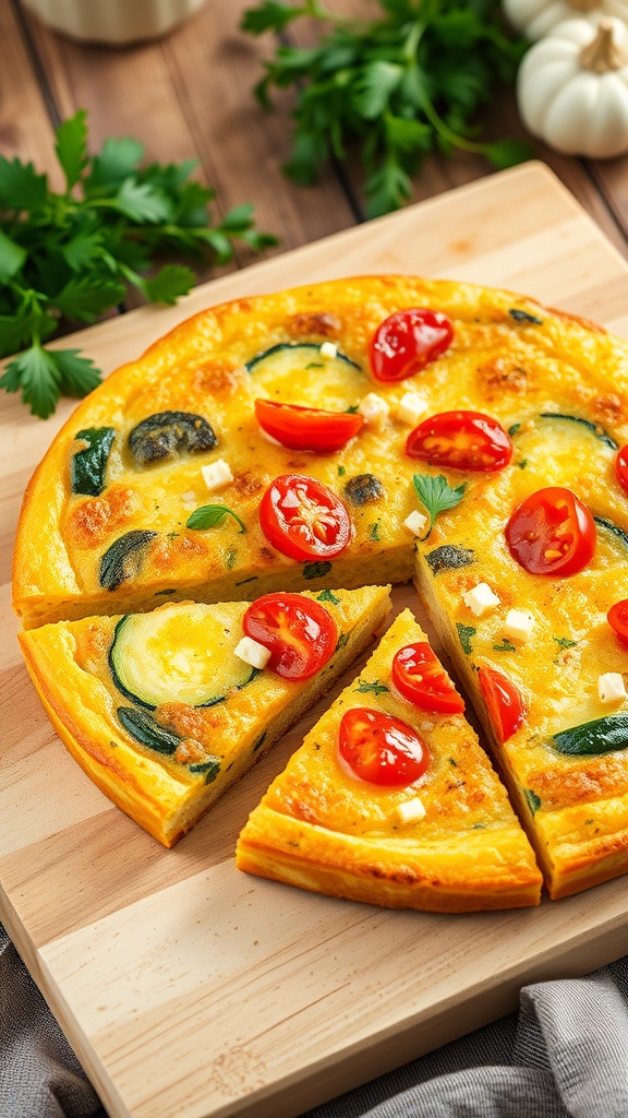 A delicious frittata with zucchini, cherry tomatoes, and spinach, sliced and ready to serve.