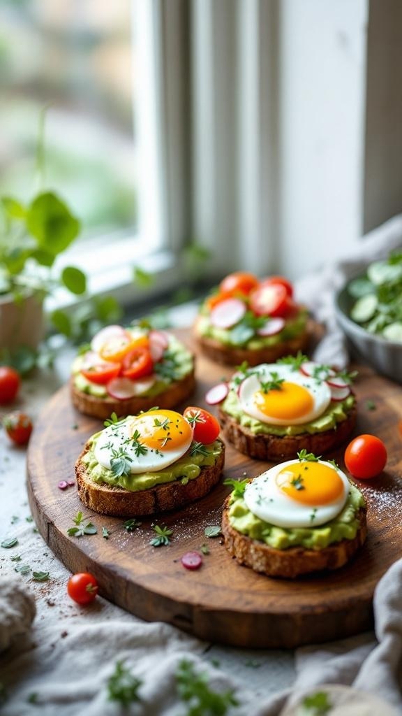 A wooden platter with various avocado toast topped with eggs and cherry tomatoes.