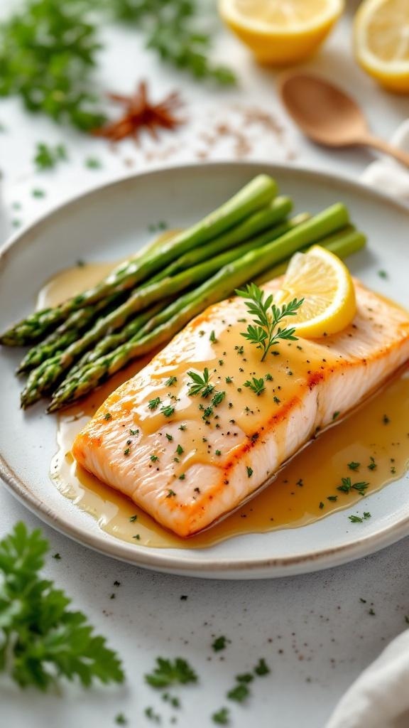 Baked salmon fillet with asparagus and lemon slices on a plate