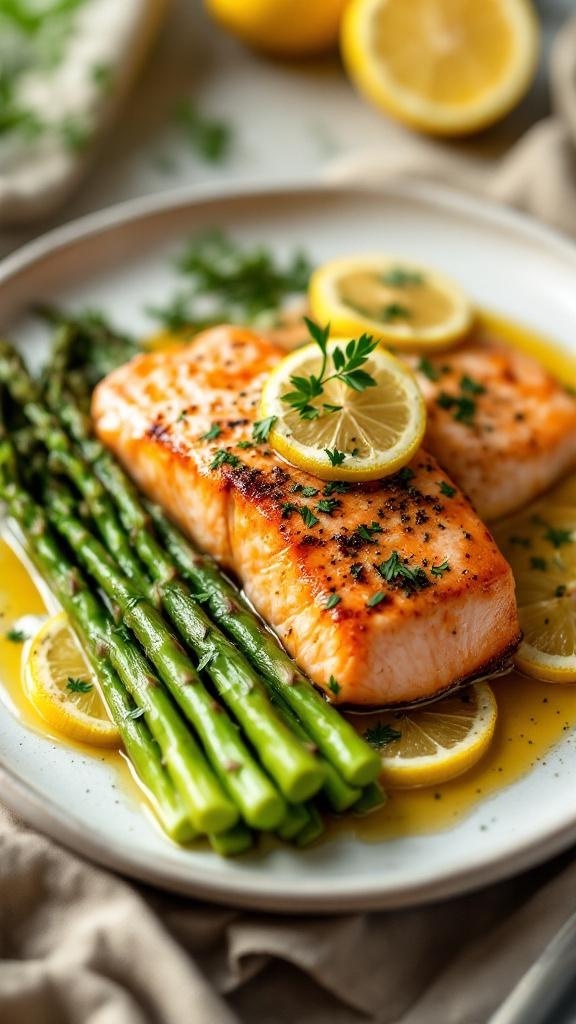 Baked salmon fillets with asparagus and lemon slices on a plate