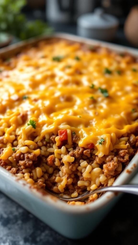 A delicious beef and rice casserole topped with melted cheese, served in a baking dish.