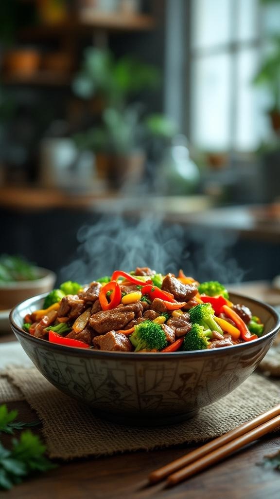 A colorful bowl of beef and vegetable stir-fry with broccoli and bell peppers.