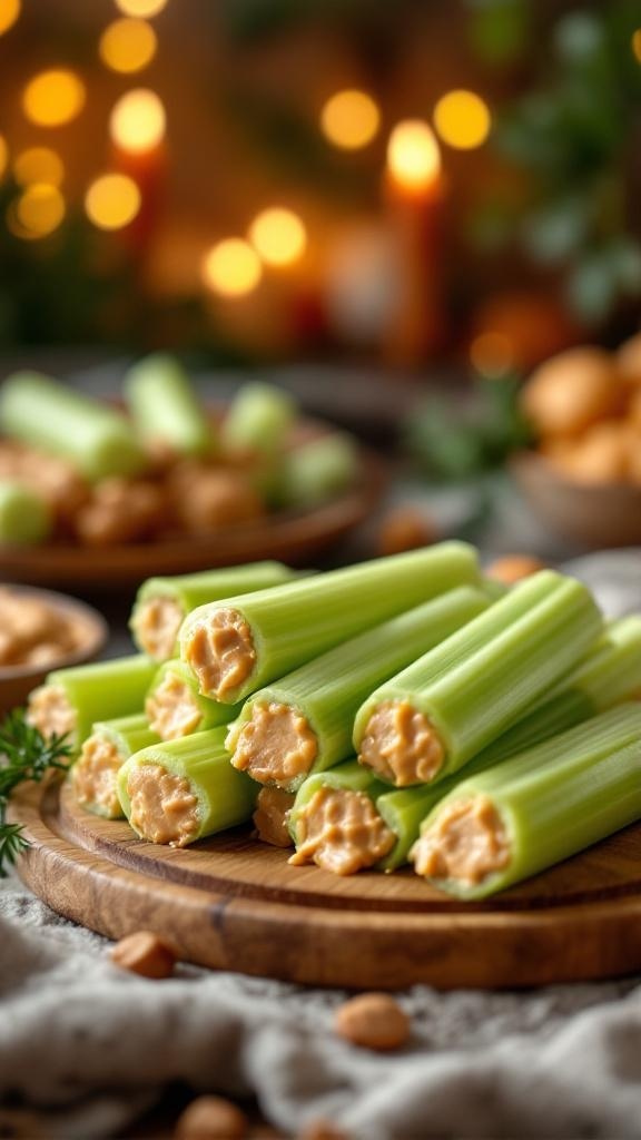 Celery sticks filled with peanut butter on a wooden platter