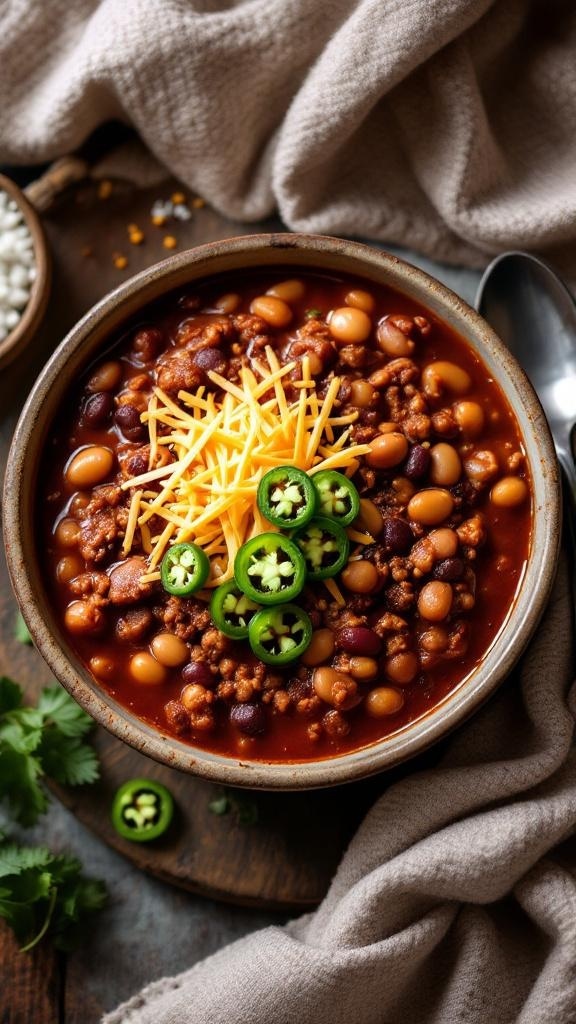A bowl of hearty chili topped with cheese and jalapeños, perfect for a cozy night.