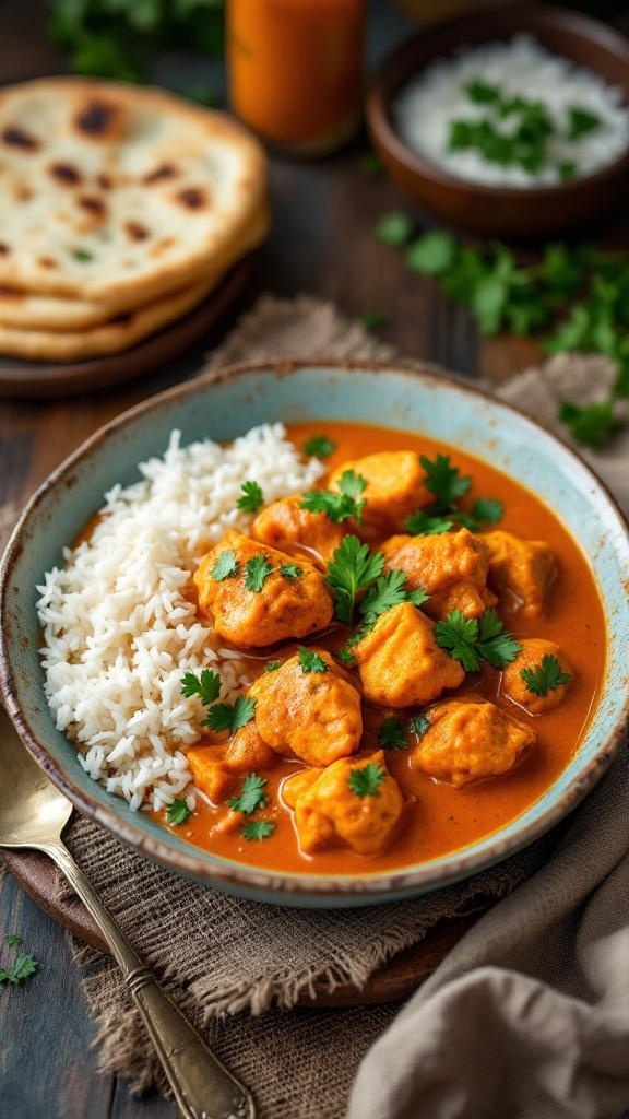 A bowl of chicken curry with rice and garnished with cilantro.