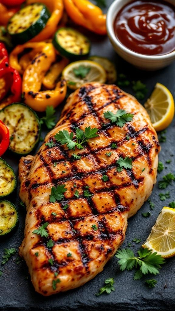 Grilled chicken breast with vegetables and barbecue sauce on a slate platter