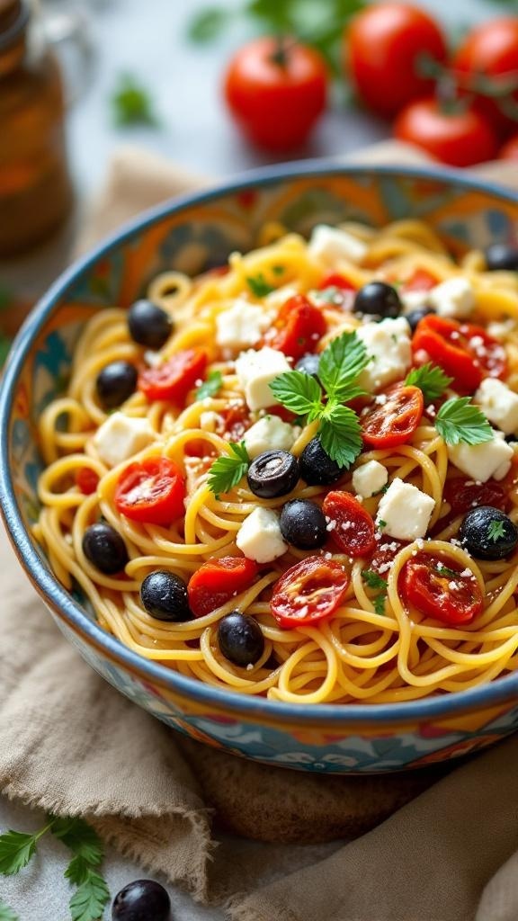 A bowl of Mediterranean pasta with cherry tomatoes, olives, and feta cheese.