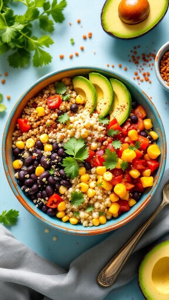 A colorful bowl of quinoa, black beans, corn, and fresh vegetables topped with avocado slices and cilantro.