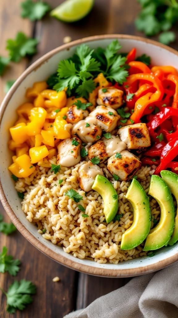 A colorful rice bowl with chicken, peppers, mango, and avocado.