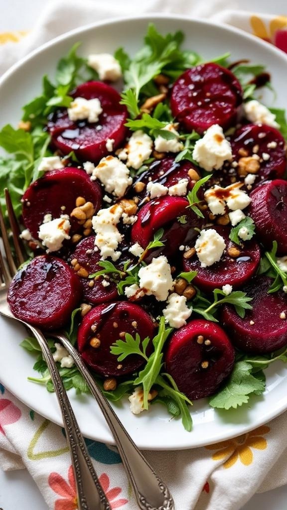 A vibrant roasted beet salad with goat cheese, mixed greens, and toasted pine nuts.