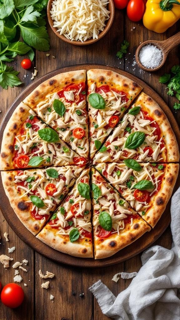 A delicious shredded chicken pizza topped with fresh basil, cherry tomatoes, and mozzarella cheese.
