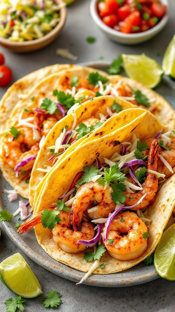 Shrimp tacos with cabbage slaw on a plate with lime wedges