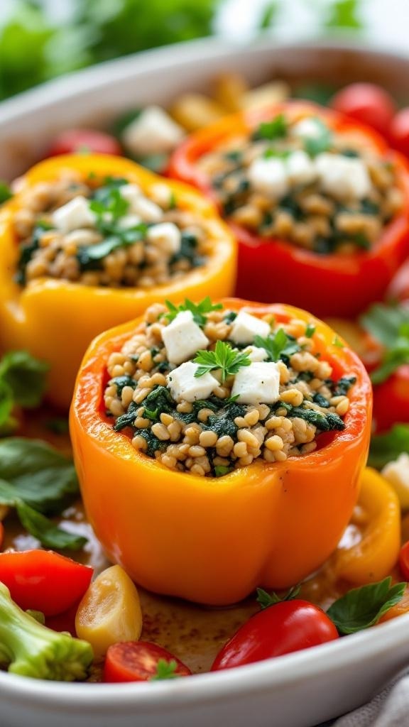 Colorful spinach and feta stuffed peppers in a baking dish.