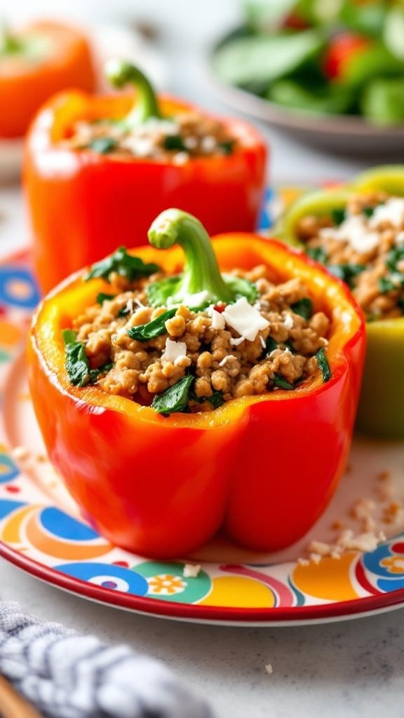 Turkey and spinach stuffed peppers on a colorful plate