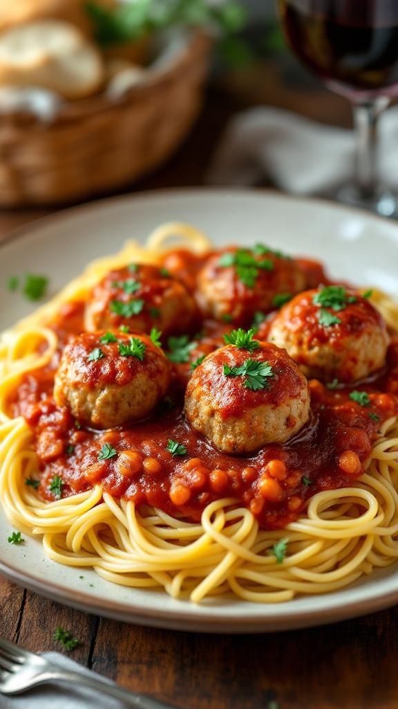 Plate of turkey meatballs in marinara sauce served over spaghetti