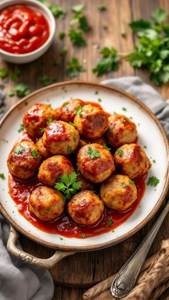 A plate of turkey meatballs garnished with herbs and served with marinara sauce.