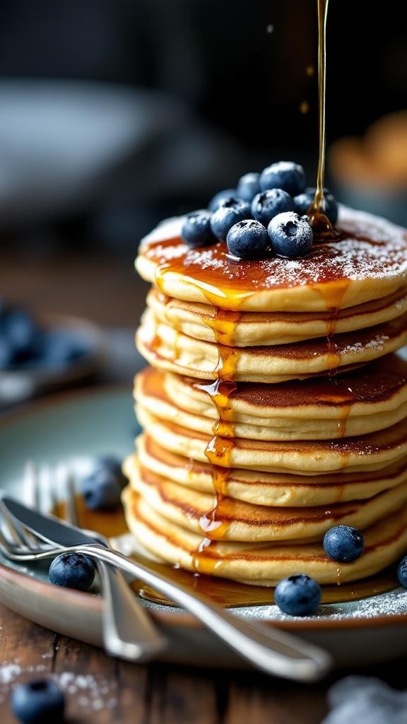 A stack of vegan pancakes topped with blueberries and syrup.