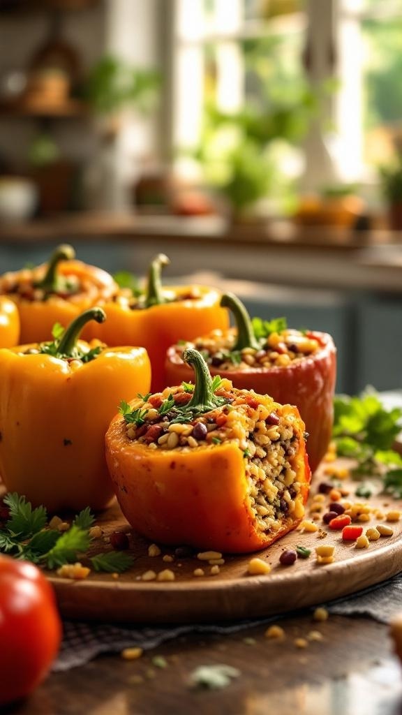 Colorful veggie-stuffed bell peppers on a wooden board, garnished with herbs.