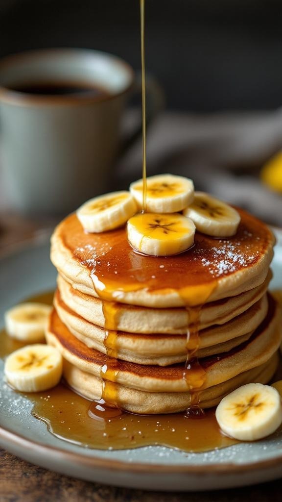 Stack of whole wheat banana pancakes topped with banana slices and syrup
