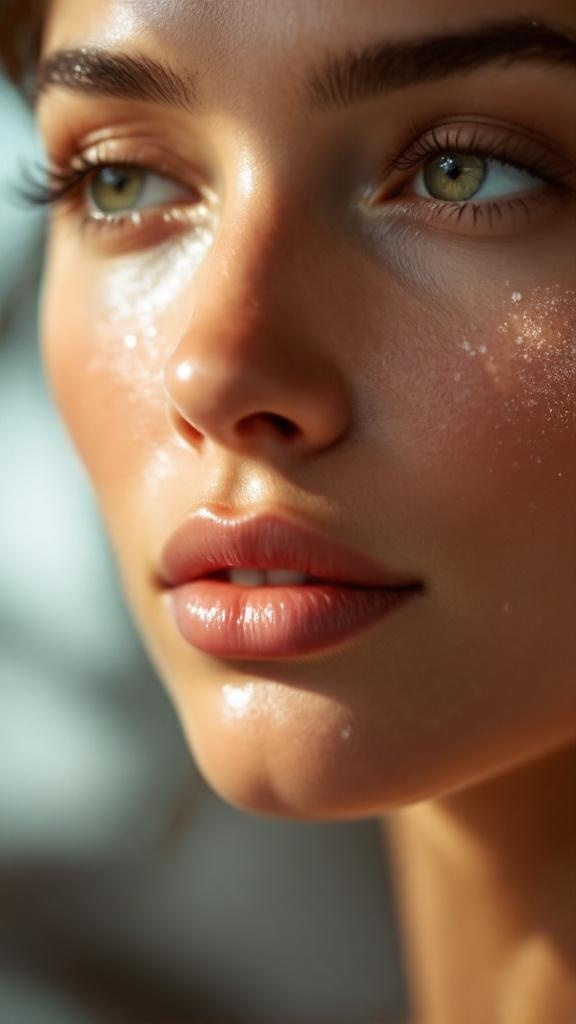 Close-up of a woman's face with glowing skin, showcasing flawless skin prep for a date night.