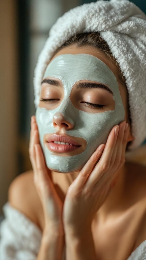 A woman with a green face mask, relaxing and preparing her skin for a date night.